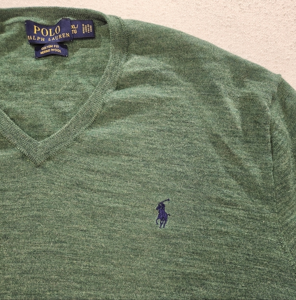 Polo Ralph Lauren Merino Wool Sweater XL Green V Neck - Picture 2 of 8
